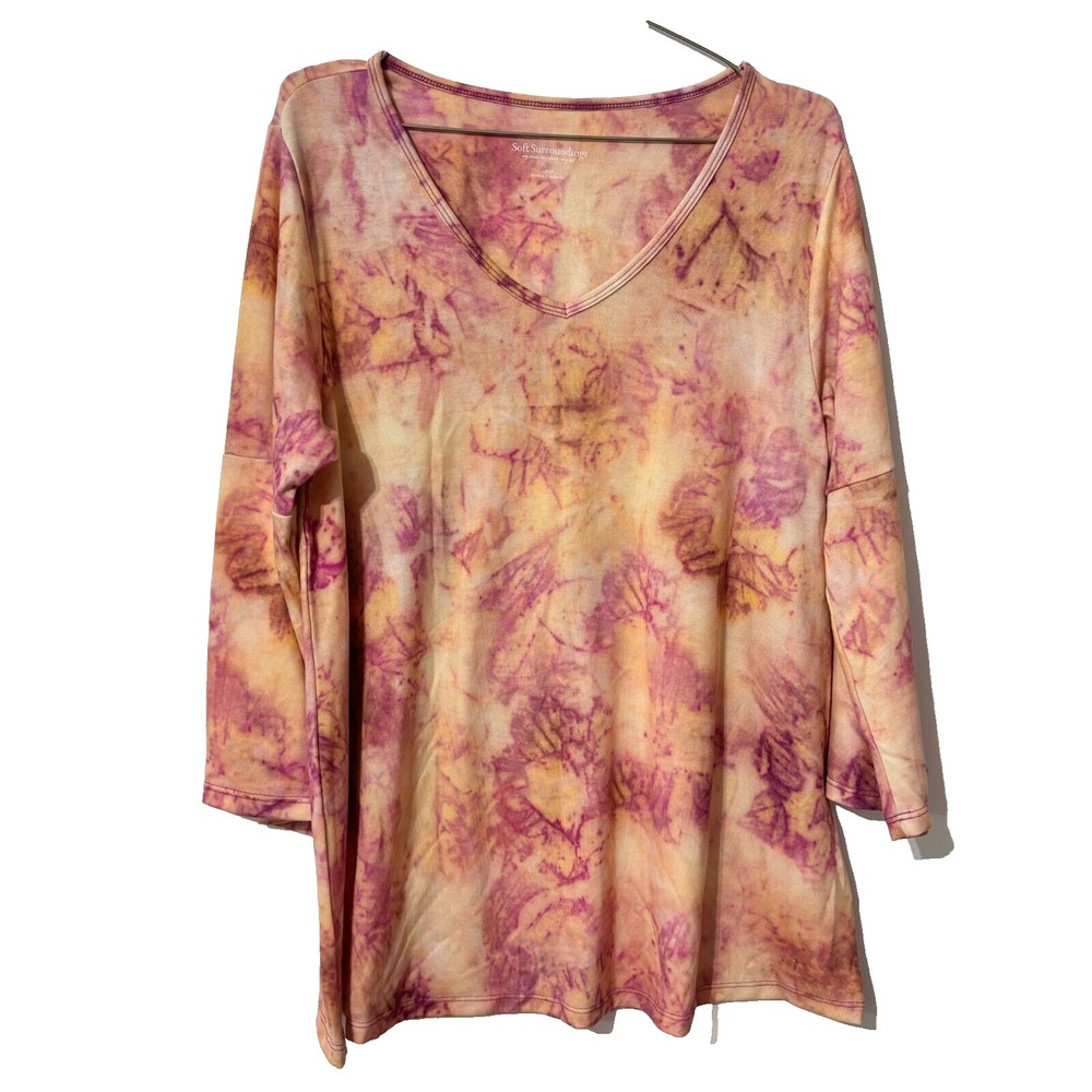 Soft Surroundings Women Large Tie Dye V-Neck 3/4 Sleeve Tunic Top‎ Purple Orange